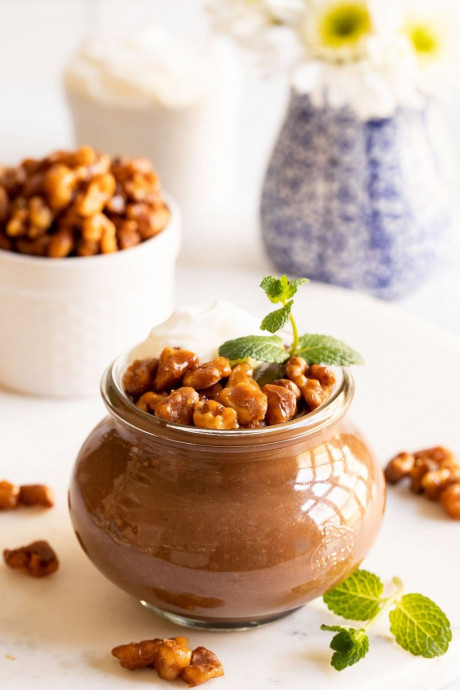 Chocolate Budino with Candied Maple Walnuts