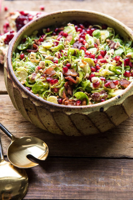 Shredded Brussels Sprout Bacon Salad with Warm Cider Vinaigrette