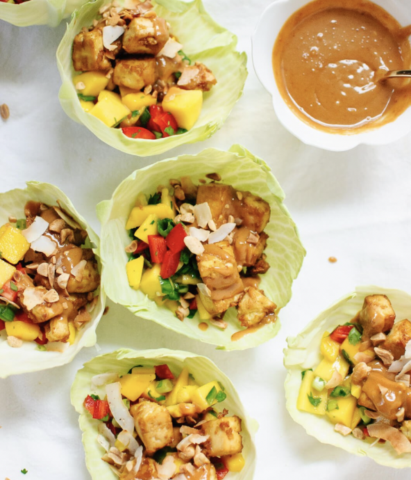 Thai Mango Cabbage Wraps with Crispy Tofu and Peanut Sauce