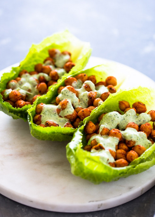 Spicy Chickpeas lettuce wraps with cilantro Jalapeno sauce (Vegan Option)