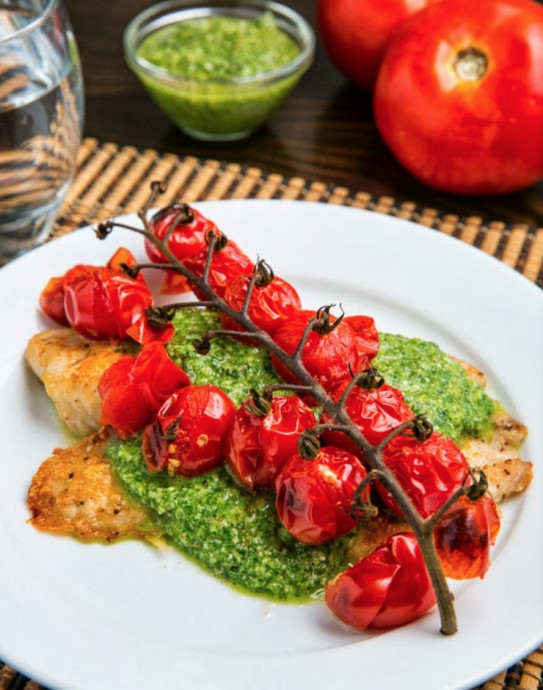Parmesan Crusted Pesto Tilapia with Roasted Tomatoes