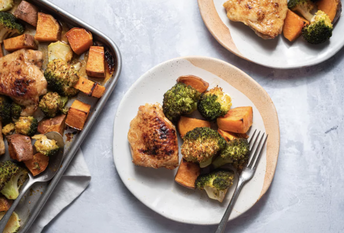 Roasted Sheet Pan Chicken, Sweet Potatoes, and Broccoli