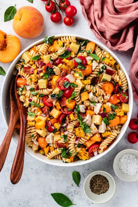 Chicken, Bacon, & Peach Pasta Salad with Hot Honey Dressing