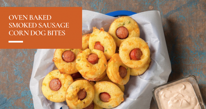 Oven Baked Smoked Sausage Corn Dog Bites + Honey BBQ Sauce