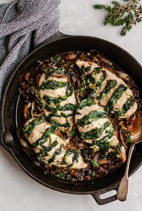 Goat Cheese & Spinach Stuffed Chicken Breast with Caramelized Onions + Mushrooms