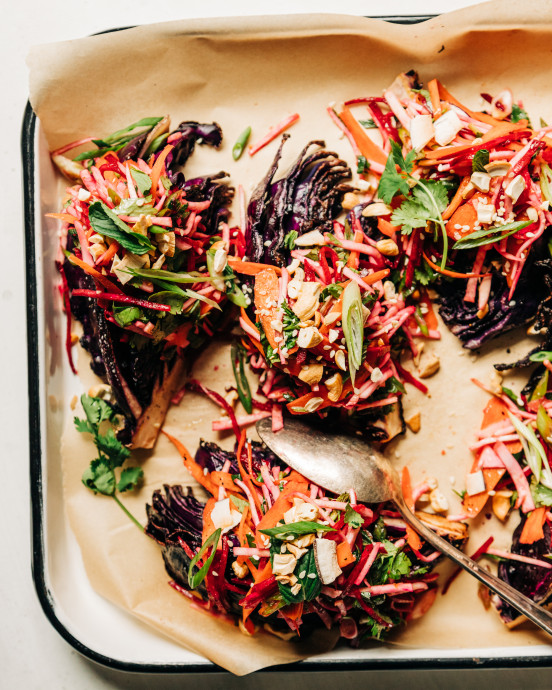 Roasted Cabbage With Ginger Lime Root Slaw & Cashews