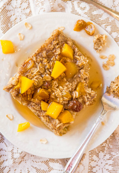 Peaches and Coconut Cream Baked Banana Oatmeal with Peach Maple Syrup