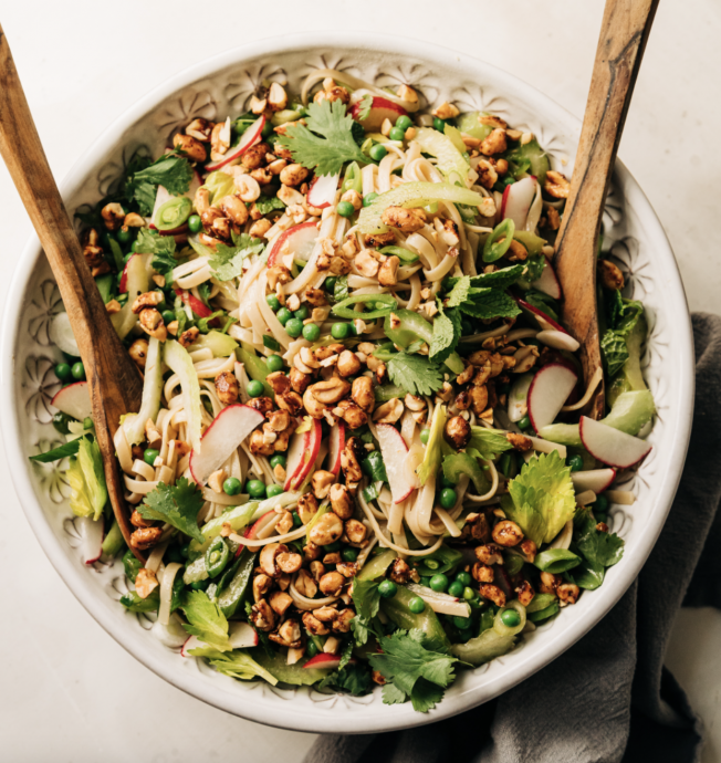 Spring Rice Noodle Salad With Chili Maple Peanuts, Celery & Peas