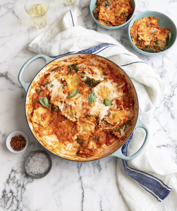 Easy tomato & spinach baked ravioli