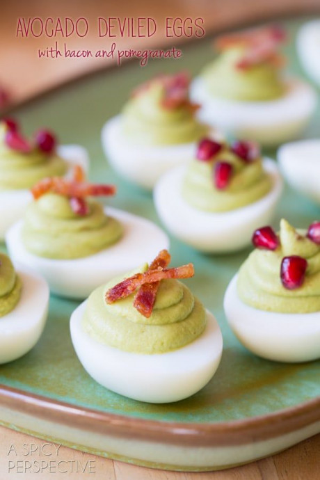 Avocado Deviled Eggs with Bacon and Pomegranate