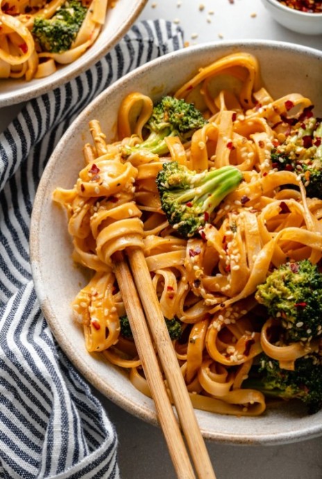 Crispy Broccoli Sweet and Spicy Sesame Tahini Noodles