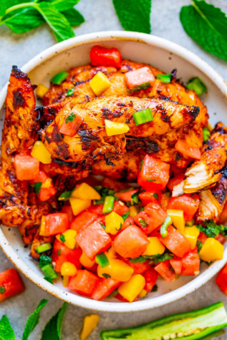 Grilled Chicken With Watermelon Mango Mint Salsa