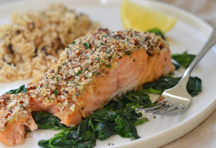 Baked Salmon with Honey Mustard and Pecan-Panko Crust