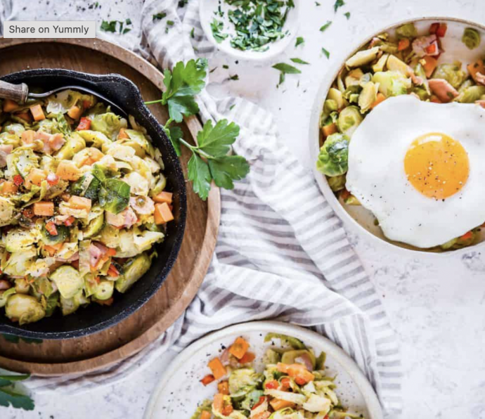 Brussels Sprouts, Sweet Potato, and Bacon Hash