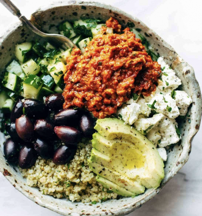 Mediterranean Quinoa Bowls with Roasted Red Pepper Sauce