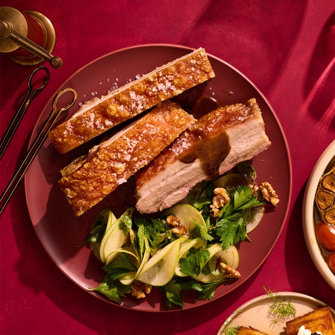 Twice-Cooked Pork Belly With Pickled Apple Salad And Maple-Glazed Cabbage