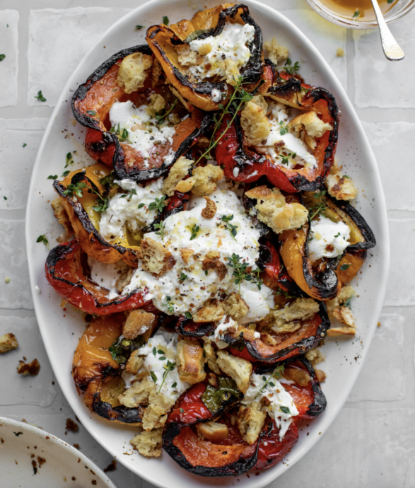 Grilled Marinated Peppers With Burrata and Breadcrumbs