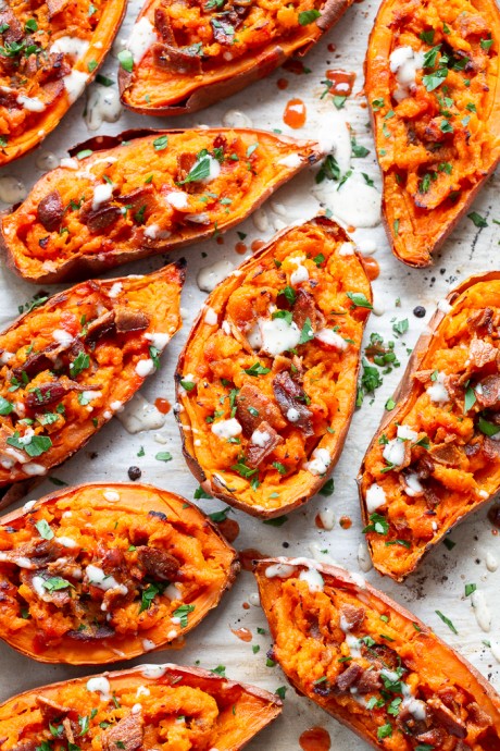 Spicy Buffalo Loaded Sweet Potato Skins