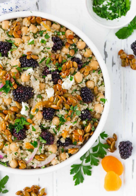 Quinoa Chickpea Salad With Blackberries & Candied Pepitas