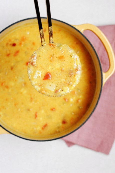 Potato Corn Chowder with Crispy Ham