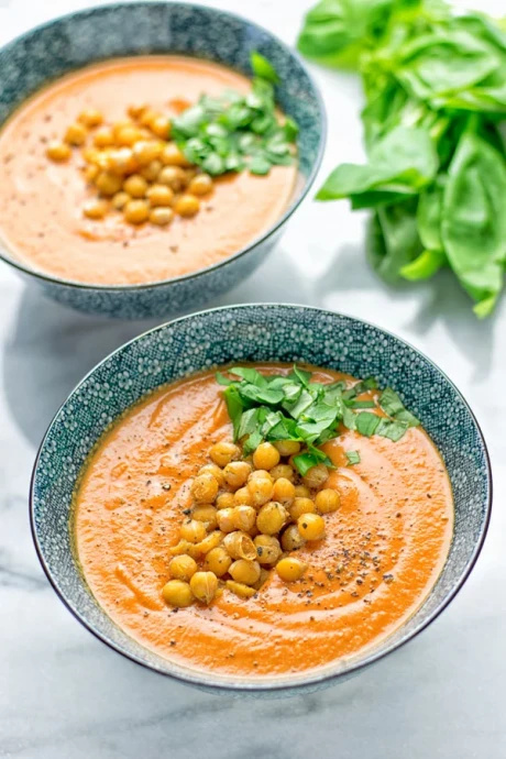 Tomato Basil Soup with Roasted Chickpeas