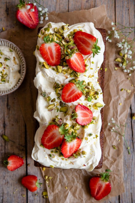 Pistachio Cake with Strawberries & Cream