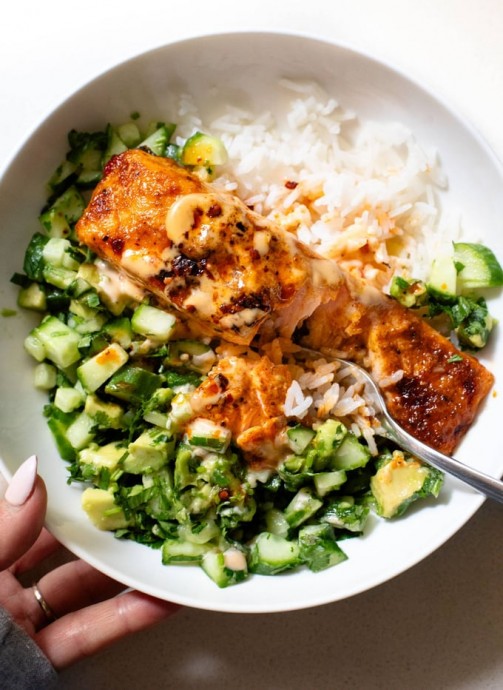 Bang Bang Salmon with Avocado Cucumber Salsa