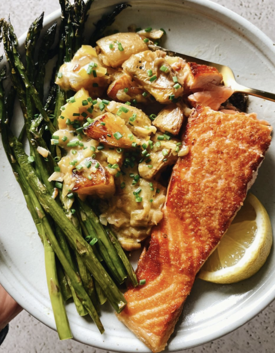 Spring Salmon with Creamed Leeks, Potatoes, and Asparagus