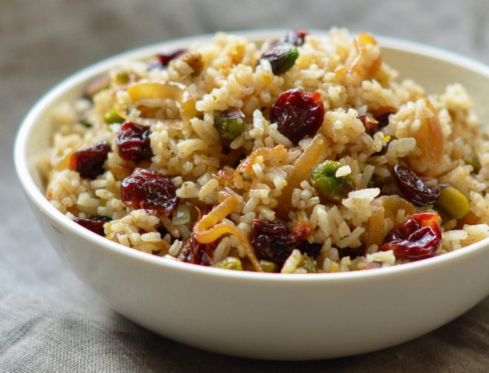 Rice Pilaf with Caramelized Onion, Orange, Cherry & Pistachio