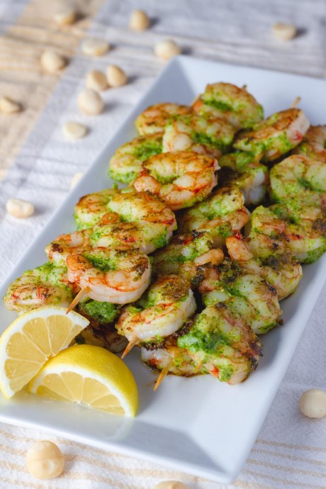 Arugula-Macadamia Pesto Shrimp