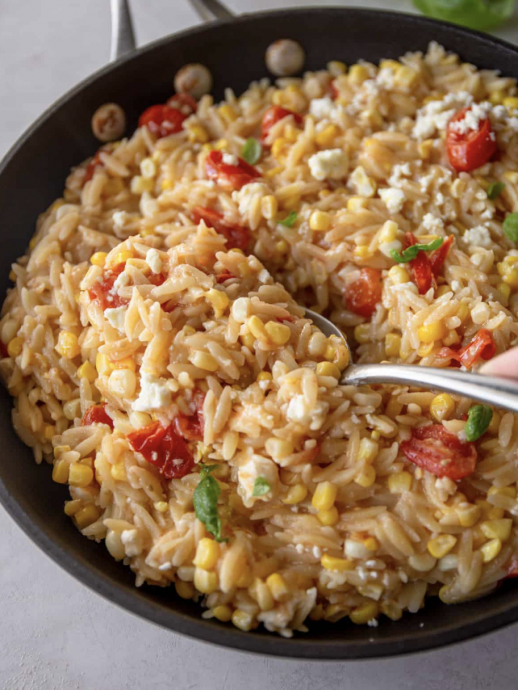 One Pot Orzo with Tomatoes, Corn, and Feta