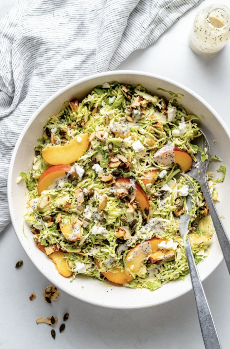 Peach Brussels Sprouts Crunch Salad with Creamy Tahini Poppy Seed Dressing