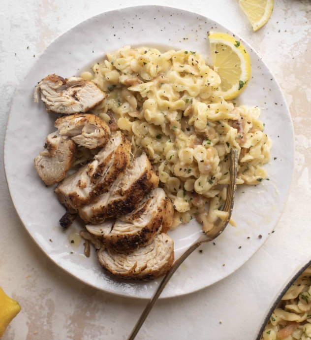 Seared Cast Iron Chicken With Baked Lemon Pasta