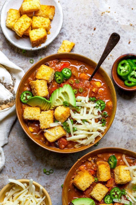 Vegetarian Pumpkin Chili with Cornbread Croutons