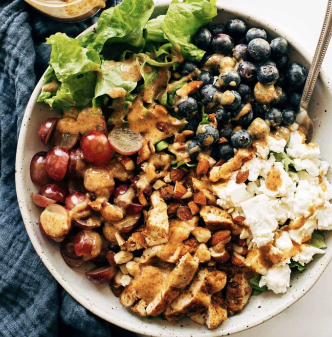 Rainbow Chicken Salad with Almond Honey Mustard Dressing