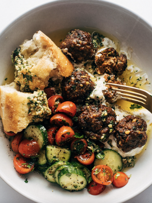 Sheet Pan Meatballs with Tomato Salad and Green Sauce