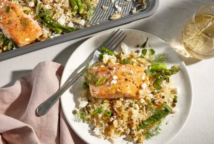 Sheet Pan Salmon And Crispy Rice