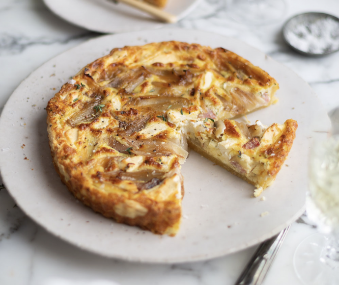 Caramelised shallot & goats cheese quiche with bacon