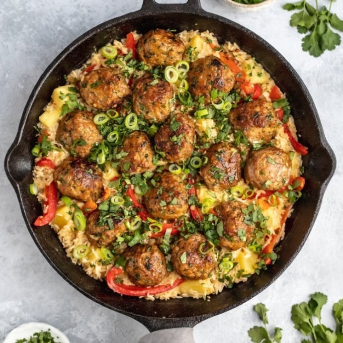 Firecracker Chicken Meatballs with Cilantro Coconut Pineapple Rice