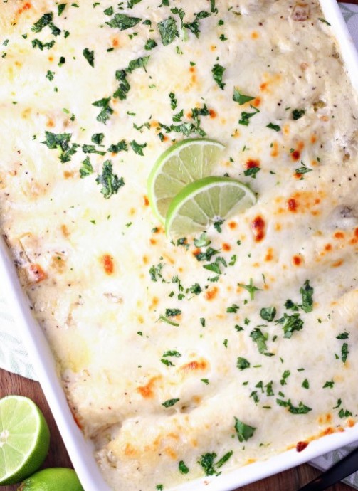 White Chicken Enchiladas with Green Chile Sour Cream Sauce