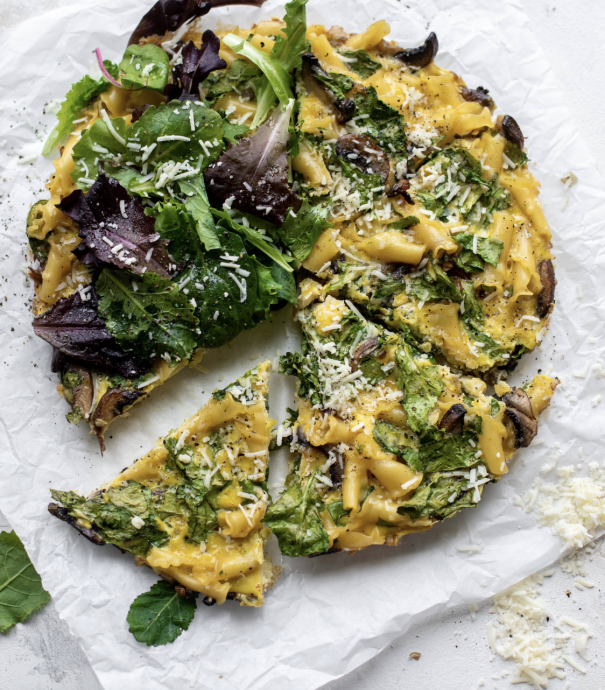 Easy parmesan pasta frittata with spring greens