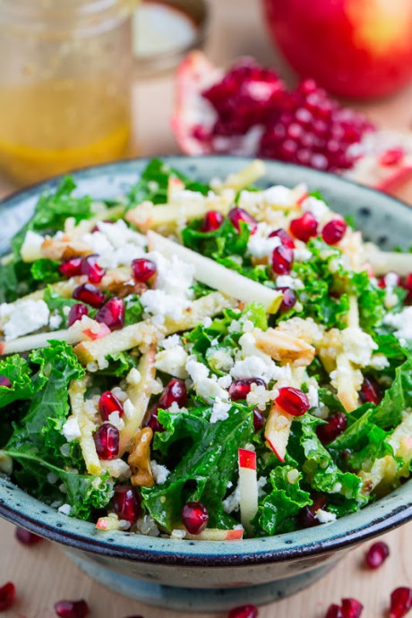 Apple and Pomegranate Quinoa and Kale Salad with Feta in a Curried Maple Dijon Dressing