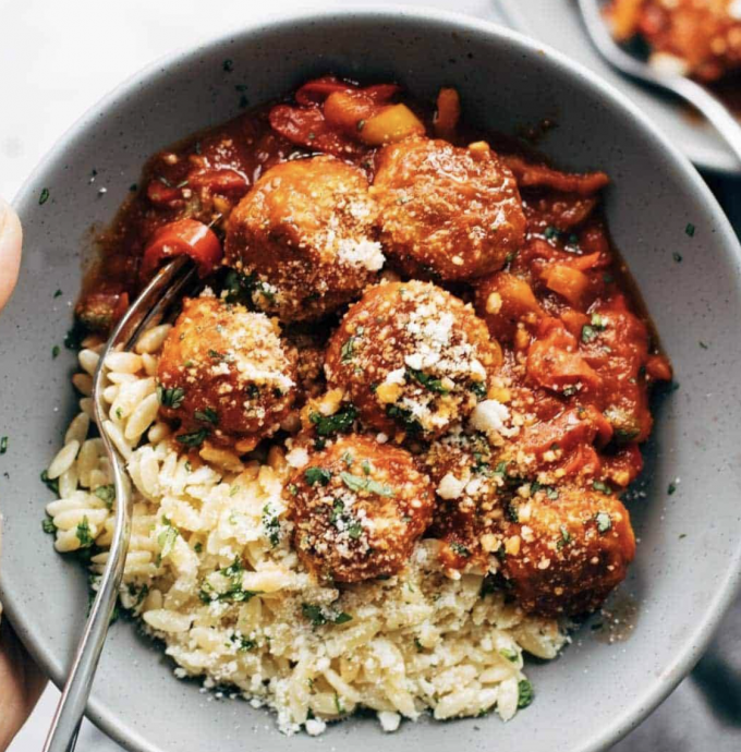 Chicken Meatballs with Peppers and Orzo