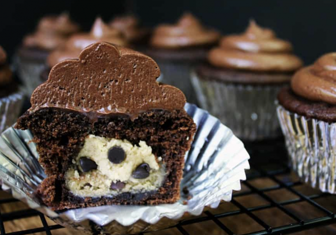 Salted Dark Chocolate Cupcakes stuffed with Chocolate Chip Cookie Dough