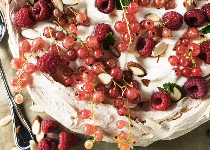Toasted almond pavlova with summer berries