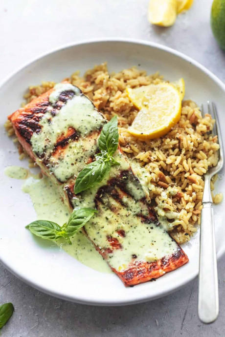 Baked Salmon with Pesto Cream Sauce