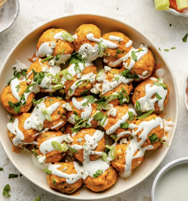 Buffalo Chicken Meatballs with Bleu Cheese Yogurt Dip