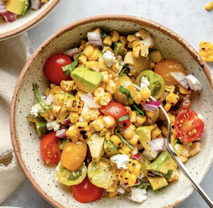 Grilled Corn Salad with Avocado, Goat Cheese & Hot Honey Vinaigrette