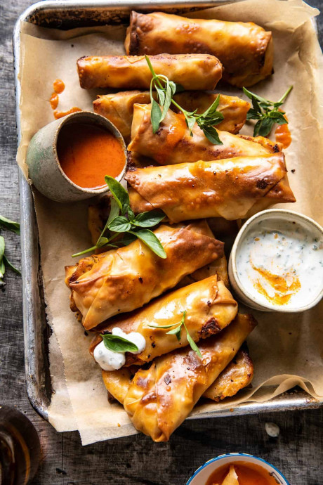 Baked Buffalo Chicken Egg Rolls with Cilantro Lime Ranch