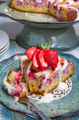 Strawberries and Cream Coffee Cake with Vanilla Cream Cheese Glaze